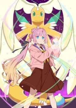 1girl anyoji_hime blue_eyes bracelet brown_dress closed_mouth commentary_request crossover dragon dragonite dress feet_out_of_frame gen_1_pokemon green_eyes hair_intakes hasu_no_sora_school_uniform highres hood hooded_jacket jacket jewelry large_head_wings link!_like!_love_live! long_sleeves looking_at_viewer love_live! medium_dress mega_dragonite mega_evolution nintendo open_clothes open_jacket orange-pengin pink_jacket pleated_dress pokemon pokemon_(creature) purple_background sailor_collar sailor_dress school_uniform smile split_mouth standing v-shaped_eyebrows virtual_youtuber white_sailor_collar winter_uniform