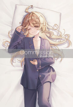 1girl ahoge black_pants black_shirt blonde_hair character_request closed_mouth collarbone commission copyright_request cowboy_shot highres lying on_back on_bed one_eye_closed pants shirt smile solo tubering twitter_username yellow_eyes