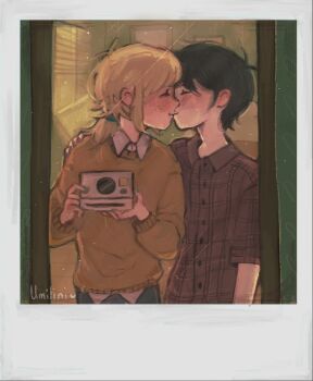 2boys alternate_costume antenna_hair artist_name basil_(faraway)_(omori) basil_(omori) black_hair black_nails blonde_hair brown_sweater camera closed_eyes closed_mouth collared_shirt freckles green_nails hand_on_another&#039;s_shoulder holding holding_camera indoors kiss long_sleeves low_ponytail male_focus mirror multiple_boys omori ponytail shirt shirt_under_sweater short_hair short_ponytail sidelocks sunny_(omori) sweater umilini2 white_shirt yaoi