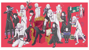 2boys absurdres armchair black_hair book book_stack brothers chair chisha_gold closed_eyes commentary_request glasses gloves hammer hat highres holding holding_book kneeling long_hair male_focus mask multiple_boys multiple_persona on_one_knee open_book pale_skin re:zero_kara_hajimeru_isekai_seikatsu reading red_background red_eyes scroll siblings sitting smile throne ttm_tokidoki unworn_hat unworn_headwear vincent_vollachia weapon white_hair