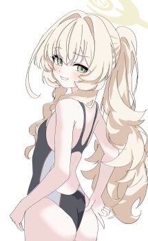 Rule 34 | 1girl, :d, ass, backless swimsuit, blonde hair, blue archive, breasts, facing away, green eyes, hair between eyes, halo, highres, kamitosayu, long hair, looking at viewer, one-piece swimsuit, open mouth, ponytail, professor niyaniya (blue archive), side ahoge, simple background, small breasts, smile, solo, swimsuit, white background, yellow halo