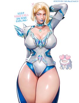 1girl 3d absurdres artist_name blonde_hair blue_lips blue_nails breasts cleavage emma_frost english_text heart heart-shaped_eyes highres jeff_(marvel) large_breasts looking_at_viewer marvel marvel_rivals mika_dawn patreon_logo patreon_username short_hair simple_background solo_focus watermark web_address white_background
