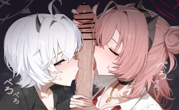 1boy 2girls ahoge bar_censor black_choker black_gloves black_hairband black_horns black_shirt blue_archive blue_eyes blush breasts censored choker cleavage closed_eyes collarbone collared_shirt commentary double_bun english_commentary erika_(blue_archive) fake_horns fellatio fingerless_gloves fingernails gloves grey_halo hair_bun hair_intakes hairband halo horn_hairband horns jewelry kirara_(blue_archive) large_breasts licking licking_penis long_hair medium_hair mixed-language_commentary multiple_girls nail_polish neck_ribbon necklace open_mouth oral penis pink_hair pink_halo pink_nails red_ribbon ribbon shirt translation_request veins veiny_penis white_hair white_shirt yzr_(yzr99)