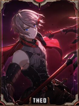 1boy armor artist_request black_armor black_pants blue_eyes border breastplate brown_hair cape clenched_teeth commentary commentary_request dual_wielding english_commentary gauntlets highres holding holding_polearm holding_weapon king's_raid korean_commentary leg_armor medium_hair mixed-language_commentary multiple_weapons official_art open_mouth pants polearm red_background red_cape second-party_source solo spear teeth theo_(king's_raid) upper_body weapon