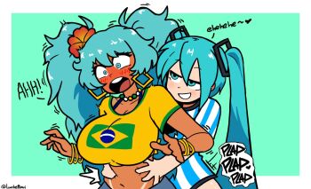 2girls alternate_breast_size_(larger) argentina argentinian_flag argentinian_flag_print argentinian_miku blue_eyes blue_hair blush brazil brazilian_flag brazilian_miku breasts curvy earrings english_text flag_print flower flower_on_head gold_earrings hair_flower hair_ornament hands_on_another's_waist hatsune_miku holding_another's_waist jewelry large_breasts long_hair lucchettinni multiple_girls open_mouth plap revision screaming simple_background smile tan tanline twintails twitter_username very_long_hair vocaloid worldwide_miku yuri