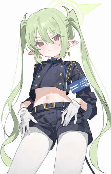 1girl armband black_jacket black_shorts blue_archive blue_armband brown_eyes closed_mouth earrings gloves green_hair green_halo halo highres jacket jewelry long_hair long_sleeves looking_at_viewer measho midriff navel nozomi_(blue_archive) pantyhose pantyhose_under_shorts pointy_ears short_shorts shorts simple_background solo twintails very_long_hair white_background white_gloves white_pantyhose