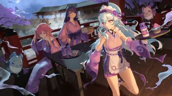 3girls absurdres alternate_costume blue_hair blunt_bangs closed_mouth cloud cloudy_sky collarbone commentary_request dango_milk_(genshin_impact) friends from_side genshin_impact glowing hair_between_eyes headdress headpiece highres holding holding_tray hyakujitsuhaku_shion japanese_clothes kimono light_smile long_hair long_sleeves looking_at_viewer looking_to_the_side maid_headdress mole mole_under_eye moon multiple_girls night night_sky nihongami pink_hair purple_eyes purple_hair purple_robe raiden_shogun rasa_k robe shade shiba_murasaki sitting sky sleeveless sleeveless_kimono standing steam tray wide_sleeves yae_miko yumemizuki_mizuki