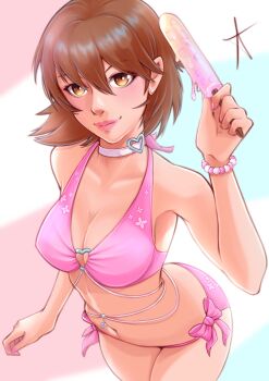 1girl bikini breasts brown_eyes brown_hair cleavage earrings food heart jewelry lips looking_at_viewer medium_breasts persona persona_3 popsicle red_draws5 short_hair swimsuit takeba_yukari
