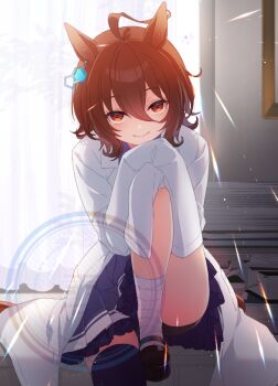 1girl agnes_tachyon_(umamusume) ahoge animal_ears bandaged_foot bandaged_leg bandages blush brown_hair closed_mouth earrings hair_between_eyes horse_ears horse_girl horse_tail huge_ahoge jewelry knee_up koruri lab_coat long_sleeves looking_at_viewer medium_hair purple_sailor_collar purple_serafuku purple_shirt purple_skirt purple_thighhighs red_eyes sailor_collar sailor_shirt school_uniform serafuku shirt shoes single_earring single_thighhigh sitting skirt sleeves_past_fingers sleeves_past_wrists smile solo tail thighhighs tracen_school_uniform umamusume watermark