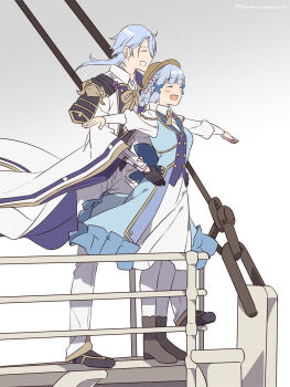 1boy 1girl agemaki_knot armor ayaka_(genshin_impact) black_armor black_footwear black_gloves blue_dress blue_hair blunt_bangs blunt_tresses boots braid brother_and_sister brown_footwear brown_hat butterfly_hair_ornament chinese_knot closed_eyes dress front-to-back full_body genshin_impact gloves gradient_background grey_background hair_between_eyes hair_ornament hands_on_another's_hips hat highres jacket japanese_armor kamisato_ayaka kamisato_ayaka_(springbloom_missive) kamisato_ayato layered_dress light_blush long_sleeves medium_hair open_mouth outstretched_arms pants pantyhose parody puffy_long_sleeves puffy_sleeves purple_shirt ribbon-trimmed_sleeves ribbon_trim scene_reference shirt shoes shoulder_armor siblings simple_background smile sode soranomonooki standing titanic_(movie) twitter_username white_background white_dress white_jacket white_pants white_pantyhose wide_sleeves wind