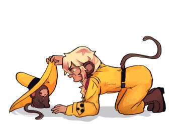 1girl animal_ears axel_(koko_d._nuts) belt black_belt blonde_hair blush blush_stickers boots brown_boots closed_mouth commentary cosplay curious_george english_commentary full_body hand_on_another's_hat hat indie_virtual_youtuber kneeling koko_d._nuts long_hair long_sleeves monkey monkey_ears monkey_girl monkey_tail multicolored_hair necktie open_mouth pants pink_hair scar scar_across_eye scar_on_face shirt simple_background smile suunitar6 tail the_man_with_the_yellow_hat_(curious_george) the_man_with_the_yellow_hat_(curious_george)_(cosplay) two-tone_hair virtual_youtuber white_background yellow_hat yellow_necktie yellow_pants yellow_shirt