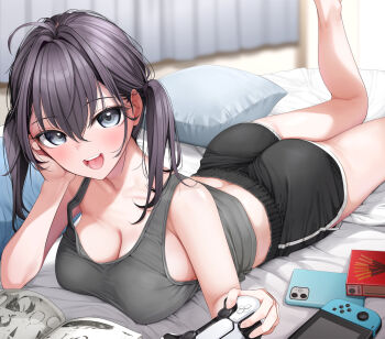 1girl :d ass back bed_sheet black_hair black_shorts breasts cellphone cleavage collarbone controller fed_(giba) food game_controller grey_eyes grey_tank_top hair_between_eyes holding holding_controller holding_game_controller indoors iphone large_breasts leg_up looking_at_viewer lying manga_(object) nintendo_switch on_bed on_stomach open_mouth original phone pillow pocky short_shorts shorts sidelocks smartphone smile solo tank_top the_pose twintails