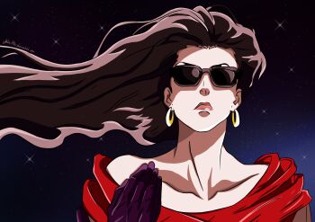 1girl absurdres brown_hair collarbone earrings female_focus gloves highres jewelry jojo_no_kimyou_na_bouken julie7770 lips lisa_lisa long_hair neck night night_sky purple_gloves sky solo star_(sky) starry_sky sunglasses upper_body