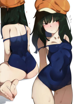 1girl absurdres ass bakemonogatari bare_shoulders barefoot black_hair blue_one-piece_swimsuit blush breasts brown_eyes brown_hat choppy_bangs closed_mouth collarbone covered_navel cowboy_shot deko_morii dot_mouth embarrassed flying_sweatdrops gluteal_fold hat heart highres loli long_hair monogatari_(series) multiple_views nervous new_school_swimsuit newsboy_cap nose_blush one-piece_swimsuit raised_eyebrows school_swimsuit sengoku_nadeko shoulder_blades sitting small_breasts soles solo_focus standing strap_slip swimsuit toes wet yokozuwari