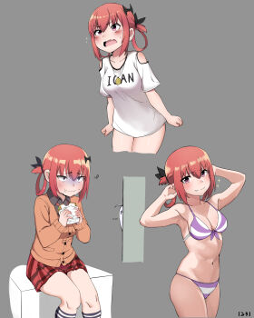 2girls absurdres bikini black_shirt breasts cardigan clothing_cutout commentary eating fang food gabriel_dropout hair_rings highres holding holding_food jewelry kachobi_(user_atuh5854) kneehighs medium_breasts miniskirt multiple_girls necklace orange_cardigan peeking_out plaid_clothes plaid_skirt purple_bikini raphiel_shiraha_ainsworth red_eyes red_hair red_skirt sandwich satanichia_kurumizawa_mcdowell shirt shoulder_cutout single_hair_ring skin_fang skirt socks sparkle striped_bikini striped_clothes sweatdrop swimsuit t-shirt