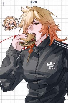 Rule 34 | 1boy, absurdres, adidas, black jacket, blonde hair, braid, chinese commentary, commentary request, facial tattoo, gradient hair, grid background, highres, honkai: star rail, honkai (series), jacket, kireiii, male focus, medium hair, multicolored hair, mydei (honkai: star rail), neck tattoo, red hair, red tattoo, side braid, solo, tattoo, track jacket, yellow eyes