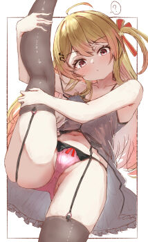 1girl absurdres ahoge alternate_costume black_dress black_garter_belt black_garter_straps black_thighhighs blonde_hair breasts dress fortissimo garter_belt garter_straps hair_ornament hair_ribbon highres hololive hololive_dev_is leg_up musical_note musical_note_hair_ornament one_side_up otonose_kanade panties pink_panties red_eyes red_ribbon ribbon small_breasts solo tazrn1 thighhighs underwear virtual_youtuber