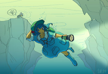 2girls air_bubble animal_ears backpack bag blue_boots blue_eyes blue_hair blue_shirt blue_skirt boots bubble closed_mouth commentary_request doggo_1d34 flashlight flashlight_beam green_bag green_hat grey_hair hair_bobbles hair_ornament hat holding holding_flashlight inubashiri_momiji kawashiro_nitori key multiple_girls rubber_boots shirt signature skirt sleeves_rolled_up speech_bubble sword tokin_hat touhou underwater weapon wolf_ears wolf_girl