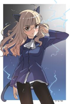1girl animal_ears black_pantyhose blonde_hair blue_jacket blush cat_ears cat_girl cat_tail electricity feet_out_of_frame glasses highres jacket long_hair looking_at_viewer military military_uniform naguramu neckerchief pantyhose perrine_h._clostermann shirt simple_background solo standing strike_witches tail white_shirt world_witches_series yellow_eyes