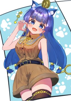 Rule 34 | 1girl, absurdres, animal ear fluff, animal ears, belt, black thighhighs, blue eyes, blue hair, blunt bangs, brown shirt, brown shorts, cat ears, cat girl, claw pose, collared shirt, commentary request, earrings, extra ears, facial mark, gao, gold, gold buckle, gold hairband, gold headdress, gold headwear, hair ornament, hairband, highres, jewelry, kemonomimi mode, key earrings, long hair, looking at viewer, michigami nareko, open mouth, paw print, pico kimuchi, scepter, shirt, shorts, simple background, single claw pose, sleeveless, smile, solo, sphere hair ornament, tail, thighhighs, touhou, triangle, triangle facial mark, usekh collar