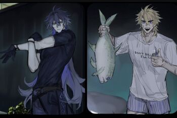 2boys absurdres ahoge alternate_costume animal belt black_belt black_border black_gloves black_hair black_pants black_shirt blonde_hair blue_eyes blue_hair blue_shorts border closed_mouth clothes_writing colored_inner_hair commentary cowboy_shot crossed_bangs dagger empty_eyes english_commentary fish flins_(genshin_impact) genshin_impact gloves hair_between_eyes hands_up highres holding holding_animal holding_dagger holding_fish holding_knife holding_weapon kannbergri knife long_hair looking_at_another looking_at_poses_to_draw_and_(meme) looking_at_viewer male_focus meme messy_hair multicolored_hair multiple_boys muscular muscular_male open_mouth pants pectorals scar scar_on_face shirt short_hair short_sleeves shorts smile standing striped_clothes striped_shorts t-shirt teeth thumbs_up v-shaped_eyebrows varka_(genshin_impact) weapon white_shirt wristband yellow_eyes