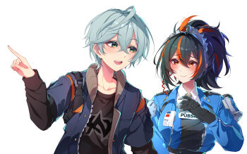 Rule 34 | 1boy, 1girl, absurdres, black gloves, black hair, black shirt, blue jacket, blush, breasts, commission, gloves, green eyes, grey hair, hairband, highres, jacket, large breasts, metal hairband, midori (midori13579), ponytail, red eyes, shirt, simple background, upper body, white background, wise (zenless zone zero), zenless zone zero, zhu yuan