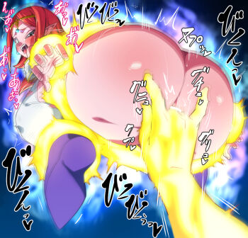 1girl anal_fingering anus ass bar_censor censored character_request circlet commentary_request dragon_ball dragon_ball_heroes energy fingering galactic_donut green_eyes open_mouth pointy_ears pussy rape red_hair restrained rom_(20) thighhighs wairu white_thighhighs