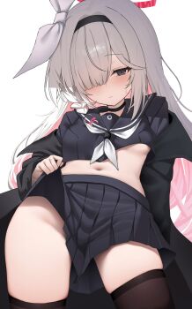 1girl absurdres black_coat black_hairband black_sailor_collar black_serafuku black_shirt black_skirt black_thighhighs blue_archive blush bow breasts closed_mouth clothes_lift coat colored_inner_hair commentary grey_eyes grey_hair hair_bow hair_over_one_eye hairband halo highres koba_(kobako42) long_hair multicolored_hair navel neckerchief open_clothes open_coat pink_hair plana_(blue_archive) pleated_skirt red_halo sailor_collar school_uniform serafuku shirt skirt skirt_lift small_breasts solo stomach thighhighs two-tone_hair underboob very_long_hair white_bow white_neckerchief