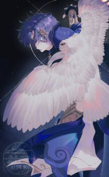 1boy animal beak bird black_shirt blue_hair chalk collared_shirt dr._ratio_(honkai:_star_rail) feathers fingerless_gloves gloves greco-roman_clothes hair_ornament highres holding holding_chalk honkai:_star_rail honkai_(series) leaf_hair_ornament male_focus owl shirt short_hair spriiiiiiing white_feathers