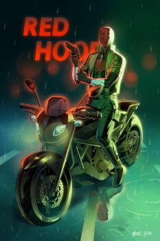 absurdres bat_signal batman_(series) batman_symbol black_bodysuit black_gloves bodysuit brown_jacket dc_comics gloves grey_bodysuit highres holding holding_weapon holster jacket jason_todd male_focus mask multicolored_bodysuit muscular muscular_male open_clothes pants red_hood_(dc) red_hood_and_the_outlaws red_mask superhero_costume taut_bodysuit thigh_holster two-tone_bodysuit we_5104 weapon