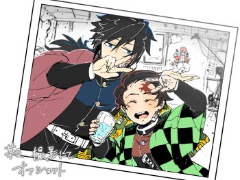 3boys akaza_(kimetsu_no_yaiba) belt black_jacket brown_hair buttons checkered_haori commentary_request demon_slayer_uniform drink earrings facing_viewer fingernails gold_buttons hanafuda_earrings hand_up haori highres holding holding_drink indoors jacket japanese_clothes jewelry kamado_tanjirou katana khxgf3htaj11848 kikkoumon kimetsu_no_yaiba long_hair male_focus multiple_boys photo_(object) print_haori red_haori short_hair smile spiked_hair sword teeth tomioka_giyuu tongue translation_request upper_body upper_teeth_only weapon white_background white_belt