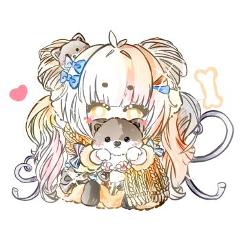 1girl animal animal_ears antenna_hair black_bow blonde_hair blue_bow blunt_bangs blush bone bow chibi chinese_commentary coat commentary_request covered_mouth dog dog_ears double_bun eyelashes fringe_trim fur-trimmed_coat fur-trimmed_sleeves fur_trim guardian_floof_(infinity_nikki) guayanshaoyuhuangshaotian85937 hair_bow hair_bun hair_intakes hair_ornament hairclip heart highres holding holding_animal holding_dog infinity_nikki long_hair long_sleeves looking_at_viewer nikki_(series) panties parallel_hairclips ribbon-trimmed_coat ribbon_trim scarf shiba_inu simple_background sitting sleeve_bow solo sparkle striped_sleeves terra_floof_(infinity_nikki) underwear wavy_hair white_background white_panties winter_clothes winter_coat yellow_coat yellow_eyes yellow_scarf