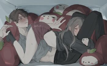 1boy 1girl apple black_pants black_socks black_sweater blush brown_hair brown_skirt caleb_(love_and_deepspace) couple food fruit full_body furrowed_brow grey_shirt hair_between_eyes haru57 hetero long_hair love_and_deepspace midriff miniskirt pants protagonist_(love_and_deepspace) shirt short_hair skirt socks stuck_in_a_box stuffed_apple sweatdrop sweater