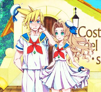 1boy 1girl 39cva aerith_gainsborough ahoge alternate_costume aqua_eyes blonde_hair blue_sailor_collar blue_wrist_cuffs blush breasts brown_hair cloud_strife costa_del_sol cowboy_shot dress final_fantasy final_fantasy_vii green_eyes hair_between_eyes hand_on_own_neck hat long_hair looking_at_another medium_breasts neckerchief outdoors pants parted_bangs pleated_skirt ponytail red_neckerchief sailor_collar sailor_dress sailor_hat shirt short_hair short_sleeves sidelocks skirt sleeveless sleeveless_shirt smile spiked_hair sweatdrop wavy_hair wavy_mouth white_pants white_shirt white_skirt wrist_cuffs