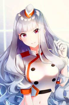 1girl blunt_bangs closed_mouth crop_top garrison_cap gloves hat highres idolmaster idolmaster_(classic) kazan_(pixiv56845804) long_hair looking_at_viewer midriff mini_hat navel red_eyes shijou_takane silver_hair smile solo stomach upper_body very_long_hair voy@ger_(idolmaster) white_gloves white_hat