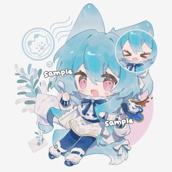&gt;_&lt; 1girl :3 :d animal_ears bai_xiong_nailaojuan blue_bow blue_bowtie blue_hair blue_pantyhose blue_shoes blush_stickers bow bowtie chibi chibi_only closed_eyes cup double-parted_bangs dress fang fox_ears fox_girl fox_tail full_body hair_between_eyes highres holding holding_spoon long_hair long_sleeves looking_at_viewer multiple_views open_mouth original pantyhose pink_eyes ribbon-trimmed_socks ribbon_trim sample_watermark saucer shoes smile socks spoon standing sugar_cube tail tea teacup tears watermark white_dress white_socks