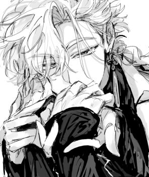 Rule 34 | 2boys, bishounen, braid, braided ponytail, collared shirt, earrings, greyscale, guiding hand, hair over one eye, hand on another's face, holding another's wrist, holding hands, jewelry, kiss, kissing hand, long hair, long sleeves, looking at viewer, male focus, monochrome, multiple boys, out of frame, pov, pov hands, shiguang dailiren, shirt, simple background, single braid, single earring, sketch, sleeves past wrists, solo focus, tassel, tassel earrings, tyoookozuki, undershirt, upper body, white background, xia fei, xiao weiying, yaoi