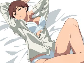 Rule 34 | 1girl, bra, breasts, brown eyes, brown hair, chainsaw man, division 4 female member, earrings, highres, jewelry, knew nothing, looking at viewer, lying, medium breasts, on back, panties, parted lips, shirt, short hair, solo, stud earrings, underwear, white bra, white panties, white shirt
