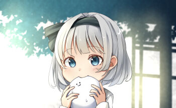 Rule 34 | 1girl, biting, black hairband, blue eyes, blurry, blurry background, blush, bow hairband, commentary, depth of field, grey hair, hairband, highres, hitodama, holding ghost, konpaku youmu, konpaku youmu (ghost), overexposure, pegashi, raised eyebrows, shadow, shirt, short hair, solo, touhou, upper body, white shirt, wispy bangs