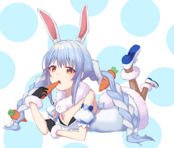 1girl animal_ear_fluff animal_ears arm_garter black_gloves blue_hair braid breasts carrot carrot_hair_ornament commentary_request don-chan_(usada_pekora) food-themed_hair_ornament fur-trimmed_gloves fur_trim gloves hair_ornament hololive kiukoma lying multicolored_hair on_stomach pipkin_pippa pipkin_pippa_(1st_costume) rabbit_ears rabbit_tail solo streaked_hair tail teeth twin_braids two-tone_background upper_teeth_only virtual_youtuber white_hair