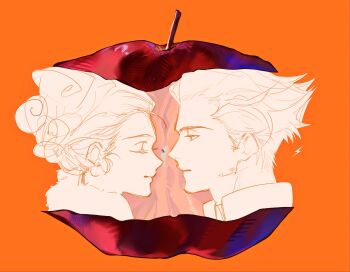 1boy 1girl alexander_(veil) apple apple_core appletrend closed_eyes closed_mouth emma_(veil) food fruit hair_bun hashtag-only_commentary highres lone_nape_hair long_eyelashes looking_at_another nynnynmoimoi orange_background profile short_hair veil_(manga)