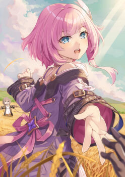 1boy 1girl bare_shoulders black_gloves blue_eyes caelus_(honkai:_star_rail) coat commentary_request cyrene_(aedes_elysiae)_(honkai:_star_rail) cyrene_(honkai:_star_rail) gloves hair_ornament honkai:_star_rail honkai_(series) long_sleeves looking_at_viewer looking_back medium_hair miri_(ago550421) offering_hand open_mouth outdoors partial_commentary pink_hair pov pov_hands purple_coat revision scarecrow smile taking_another&#039;s_hand trailblazer_(honkai:_star_rail) wheat_field