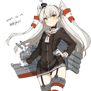 1girl absurdres adapted_turret amatsukaze_(kancolle) bigkwl black_panties blush brown_dress cannon cowboy_shot dated dress garter_straps gloves gluteal_fold grey_hair grey_neckerchief hair_tubes hat highres kantai_collection lifebuoy_ornament long_hair looking_at_viewer machinery mini_hat neckerchief panties red_thighhighs rensouhou-kun rigging sailor_collar sailor_dress see-through_clothes ship_turret short_dress single_glove smokestack smokestack_hair_ornament striped_clothes striped_thighhighs thighhighs torpedo_launcher twitter_username two_side_up underwear white_background white_sailor_collar
