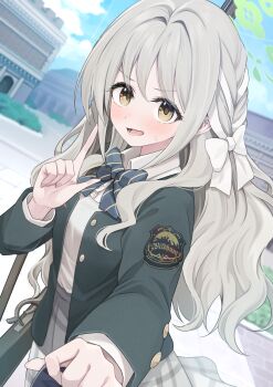 Rule 34 | 1girl, black bow, black bowtie, blue archive, blush, bow, bowtie, braid, buttons, collared shirt, commentary request, cowboy shot, day, diagonal-striped bow, diagonal-striped bowtie, diagonal-striped clothes, dutch angle, eyelashes, green halo, green jacket, grey hair, grey skirt, hair between eyes, hair bow, hair intakes, hair ribbon, halo, hand up, highres, index finger raised, jacket, long hair, long sleeves, looking at viewer, lower teeth only, miyo (blue archive), open clothes, open jacket, open mouth, outdoors, outstretched arm, plaid clothes, plaid skirt, pov, ribbon, ribbon braid, school uniform, shirousagi una, shirt, shirt tug, side braid, sidelocks, skirt, solo, striped bow, striped bowtie, striped clothes, sweatdrop, tareme, teeth, v-shaped eyebrows, very long hair, wavy hair, wavy mouth, white bow, white ribbon, white shirt, wild hunt academy of arts logo, yellow eyes