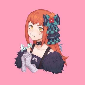 1girl absurdres artist_name bandaged_arm bandages black_dress blush closed_mouth commentary commission dress feather_trim fire_emblem fire_emblem_engage hair_ornament highres ko-fi_commission lesu long_hair looking_at_viewer makeup nintendo orange_hair own_hands_together panette_(fire_emblem) pink_background simple_background solo yellow_eyes
