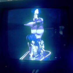 1girl 3d animated ass breasts completely_nude computer crt cyborg ghost_in_the_shell glowing glowing_eyes hanging_breasts kusanagi_motoko large_breasts monitor nude pear_force_one scanlines short_hair television top-down_bottom-up video wire