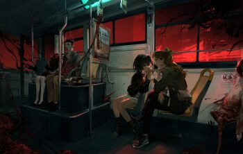 2girls black_hair black_jacket black_pants blood brown_hair bus bus_interior crossed_legs death disembodied_hand dress guro hand_grip highres jacket long_hair looking_at_another motor_vehicle multiple_girls original pants red_sky seat short_hair shuimian_touzhi sign sitting sky vehicle_interior wariza white_dress window zombie