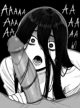 1boy 1girl absurdres clothed_female_nude_male commentary downblouse english_commentary greyscale hair_between_eyes hairjob hetero highres imminent_fellatio large_penis lughost monochrome nude open_mouth penis pov saliva the_ring yamamura_sadako