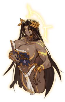 1girl boobs_in_book_(meme) breasts brown_hair choker commentary dark-skinned_female dark_skin emperor_of_mankind english_commentary genderswap genderswap_(mtf) head_wreath highres holding holding_weapon huge_breasts laurel_crown long_hair meme podobrick solo toned toned_female very_long_hair warhammer_40k weapon white_background white_choker white_loincloth yellow_eyes