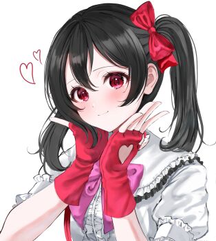 Rule 34 | 1girl, black hair, blush, bokura wa ima no naka de, bow, center frills, closed mouth, clothing cutout, commentary, fingerless gloves, frilled shirt, frills, glove cutout, gloves, hair bow, heart, heart cutout, highres, love live!, love live! school idol project, medium hair, puffy short sleeves, puffy sleeves, r7qko37c0n19830, red bow, red eyes, red gloves, shirt, short sleeves, simple background, smile, solo, twintails, upper body, white background, white shirt, yazawa nico